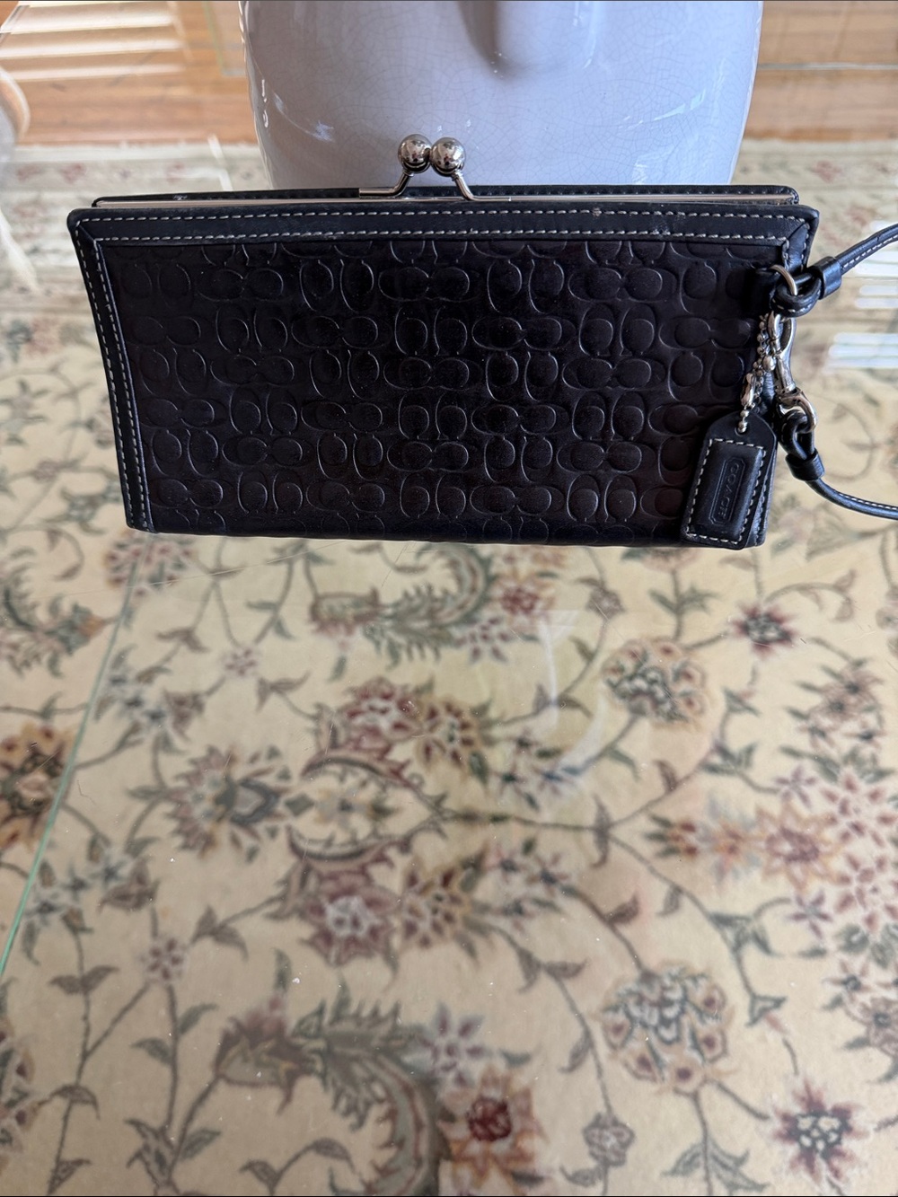 Coach Dark Brown Signature Embossed Leather Wristlet